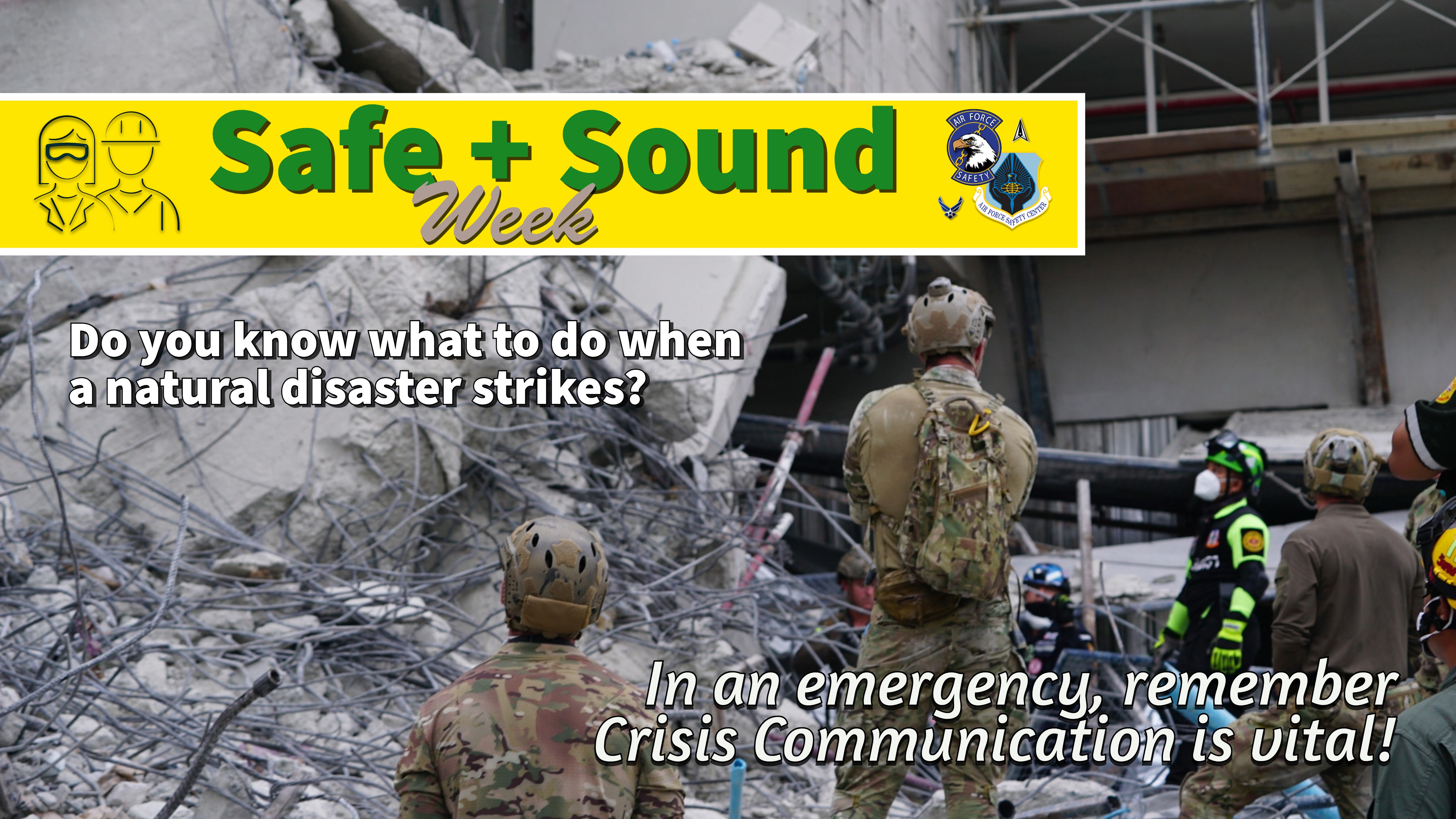 Military and civilian personnel search a crumbled building after an earthquake.